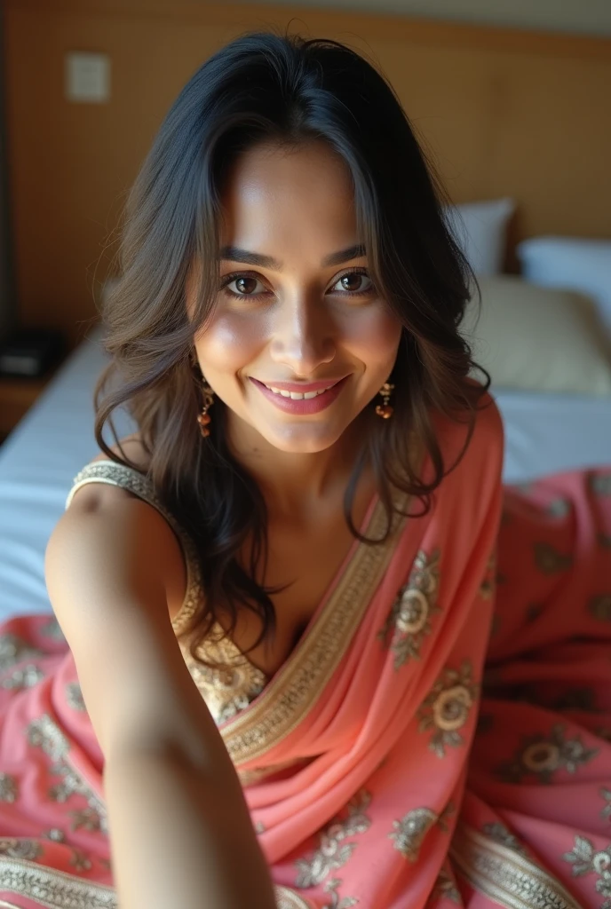 Perfect Indian sexy fittest wife with embroidered soft net saree, embroidered, HDR, 8k, hyper detailed, best quality, ultra-high resolution, HDR, 8k, lying on the bed and taking selfie , look at viewer, waist level view, bright smile, casual pose , average body with 36 D size breasts,26 hip size and 36 waist size, top level view