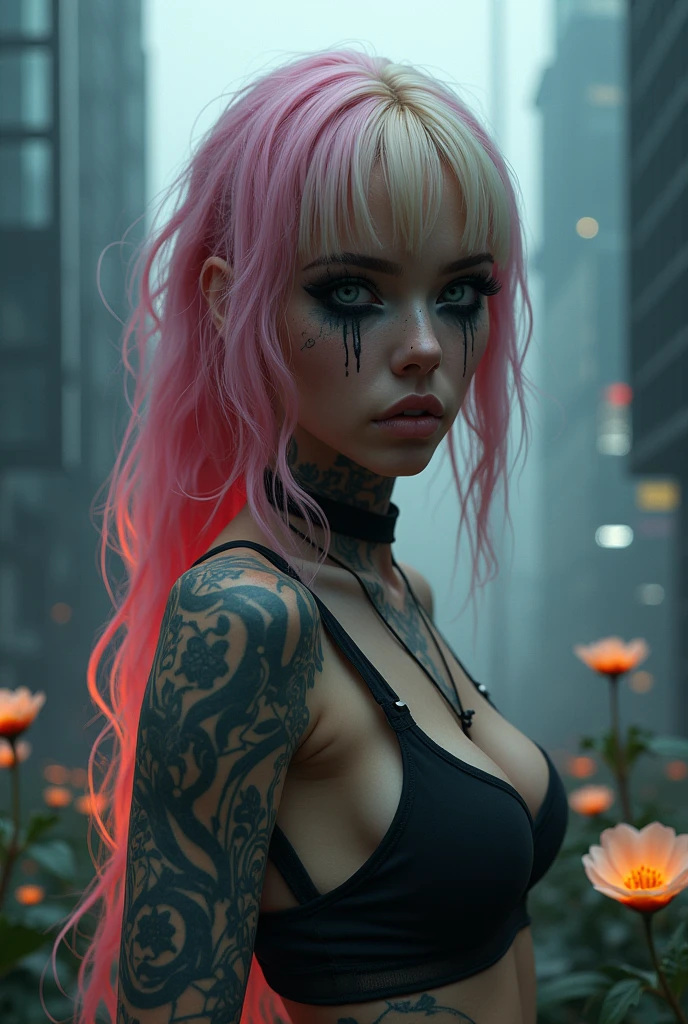 Misty,Looking to side,Illuminated glowing flowers,Illuminated flower garden,Lens flare,Closeup,Tiny bra,Fully tattooed,Dirty face,opaque t-shirt,Haliee steinfeld,dark sky,Gothic style,misty,futuristic city views,Neo futurism,large futuristic buildings,Black Lattice walls,Closeup,heavy black eye makeup,young Caucasian girl,looks like joi from bladerunner,black eye makeup running down face,bokeh, looks like joi from blade runner,looks like ana de armas,stylish long pink hair with blonde highlights,ultra HD,intricate details,3d render,hyper maximalist, lens flare,High-definition, Premium, Superior, Professional, Flawless, Exquisite, High-end, Photorealistic, Textured, Impressive, Hyperrealistic, High- resolution, Lifelike, Masterpiece, High dynamic range (HDR), PBR (Physically Based Rendering), Post-processing effects, Dynamic composition, Ray tracing, Ultra detailed, High quality, Sharp focus, Translucency, Naturalistic, Organic textures, Highly detailed, Details, Full HD, Depth of field, Realistic lightin