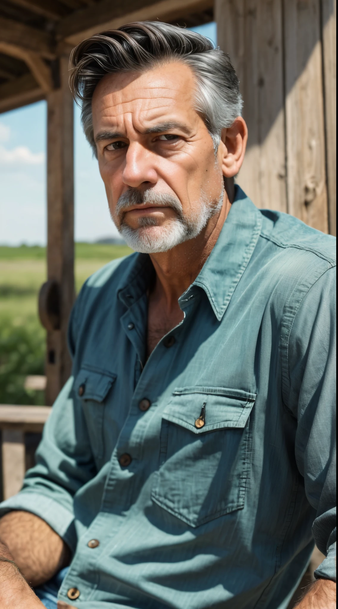 A captivating portrait of a middle-aged man with weathered, sun-tanned skin reflecting years of outdoor labor. He has short, brown hair with hints of gray at the temples, and piercing, dark green eyes that convey both acquired wisdom and an innate tranquility. Dressed in a well-worn flannel shirt and faded overalls, he leans slightly forward, his brow furrowed in a mix of curiosity and skepticism. His thin-lipped mouth is set in a serious expression, hinting at a lifetime of sharp questioning, though his tone remains calm and measured, belying an undercurrent of intensity.
