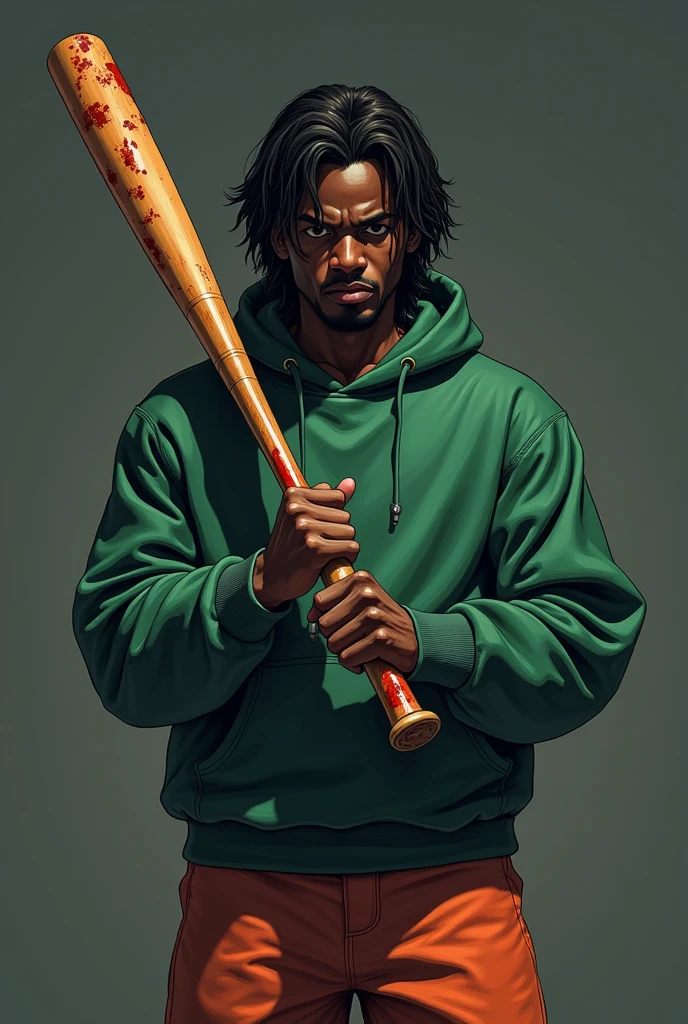 generate a black character, medium length hair straight with slight waves and dark, must be modeled in the style of 1980's drawing , he will be holding a baseball bat with bloody nails, his outfit should be a green kangaroo-style hoodie and dark orange pants, add light and shadow, the background should be dark gray