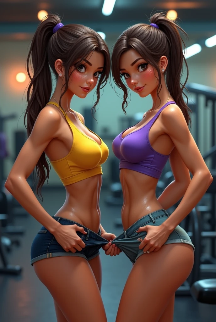 Young woman in yellow top standing next to young woman in purple shirt, sweaty 4 км, in gym, workout, очень sweaty, sweaty, I'm sweating profusely, very perfect pose, Local gym, bent over a bit, another girl pulls down her shorts Vobtyka, sports, visible buttocks toned ass, athletic build, sweaty безумный, sweaty и грязный, focus it back, young girl