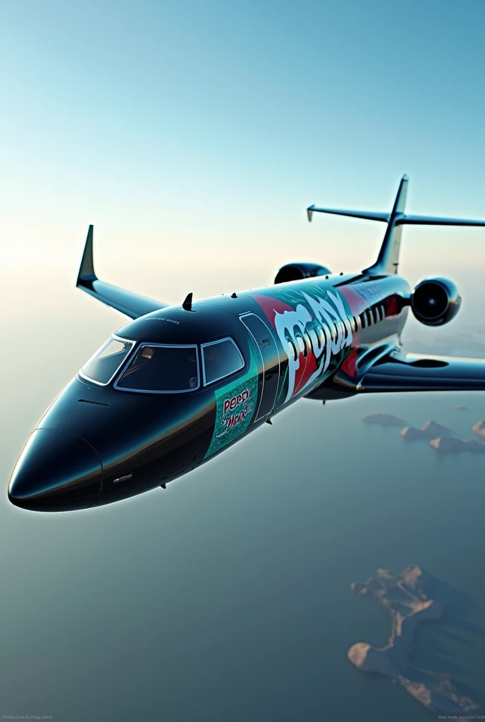 a black private jet painted with Pepsi Max commercial logos and text