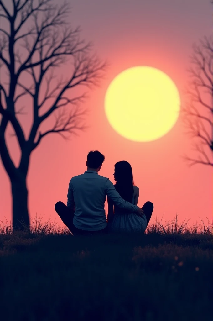 The image highly detailed and realstice 3d silhouette of a couple sitting on a grassy hill with a tree on the left side. The sky is a gradient of pink and purple, with a large yellow moon in the background. The couple is facing each other, with the man's arm around the woman's waist. They are sitting close together, with their backs to the camera. The tree is bare, with no leaves, and the grass is tall and green. The overall mood of the image is peaceful and romantic.