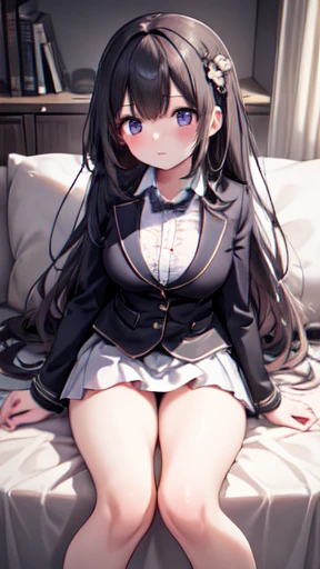 Very detailed、(8k, RAW Photos, Highest quality, masterpiece:1.2), (Very detailed 8k 壁紙),shape、Professional Lighting,Sharp focus, Written boundary depth、
Browsing Caution、Clear Eyes、Perfect ???????、With a girl、、confusion, blazer, School,, Short skirt,Face close-up,hair ornaments、imminent kiss,Plump thighs、