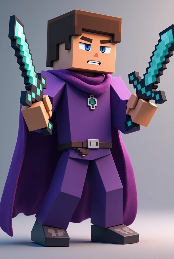 Minecraft male wearing a purple shirt wearing a purple robe and using a diamond sword

