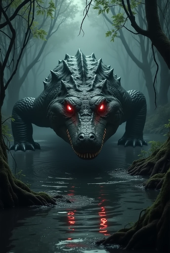 Black mutant crocodile with red eyes in dark swamp waiting for prey