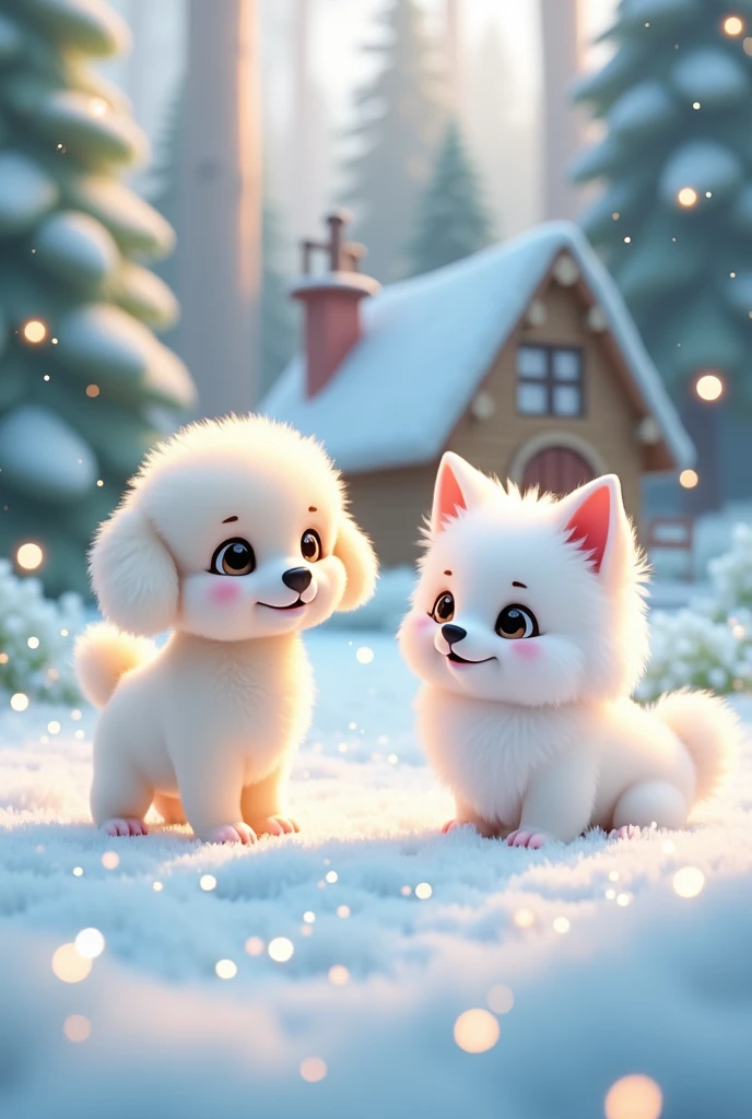 masterpiece, Highest quality, (Very detailed CG Unity 8k 壁紙), (Highest quality), (Best illustrations), (Best Shadow), Cottage in the forest, White toy poodle baby,white pomeranian baby,Chibi Character,Luminous particle effect,Very detailed