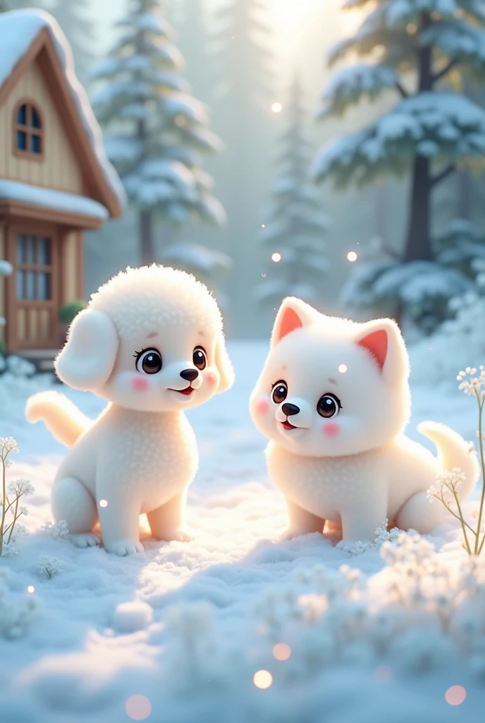 masterpiece, Highest quality, (Very detailed CG Unity 8k 壁紙), (Highest quality), (Best illustrations), (Best Shadow), Cottage in the forest, White toy poodle baby,white pomeranian baby,Chibi Character,Luminous particle effect,Very detailed