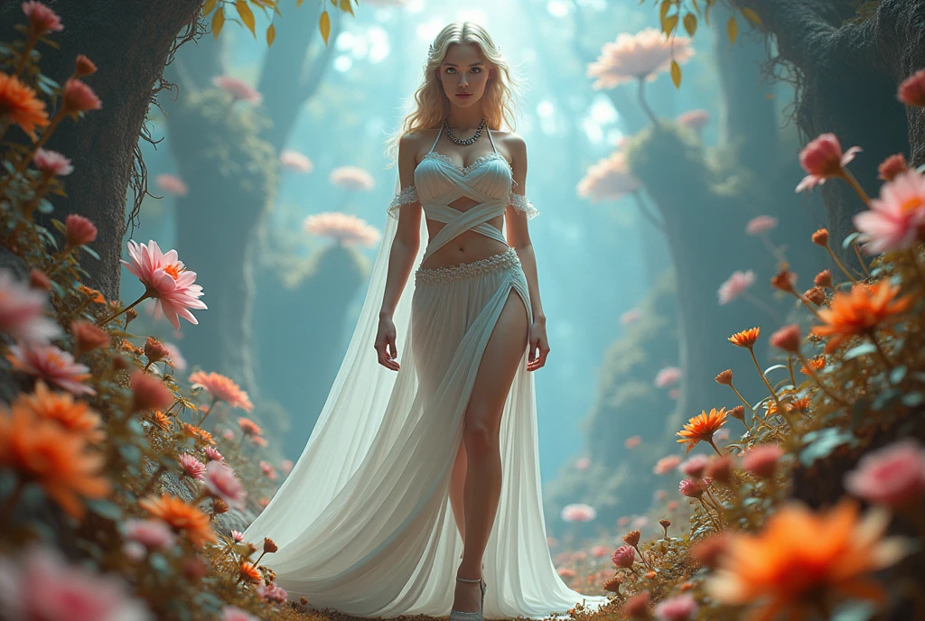 Alice in the Land of Fantasy, ((masterpiece, Highest quality, Best image quality, High resolution, Realistic, RAW Photos, 8k, Highly detailed CG synthesis 8k wallpaper)), (Huge and stunning goddess shot, Very hot and sexy, Incredible beauty, Perfect Proportions, Beautiful body, Slim body beauty:1.4), view from above,