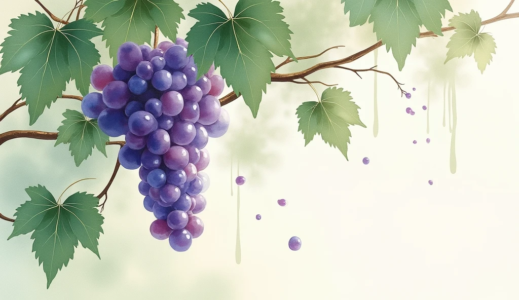 Chinese brush painting,Watercolor bloom ink dye,Purple grapes with vines and green leaves,Water marks,minimalist,Light Ink,splattered brushstrokes。