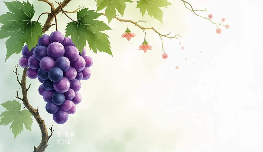 Chinese brush painting,Watercolor bloom ink dye,Purple grapes with vines and green leaves,Water marks,minimalist,Light Ink,splattered brushstrokes。