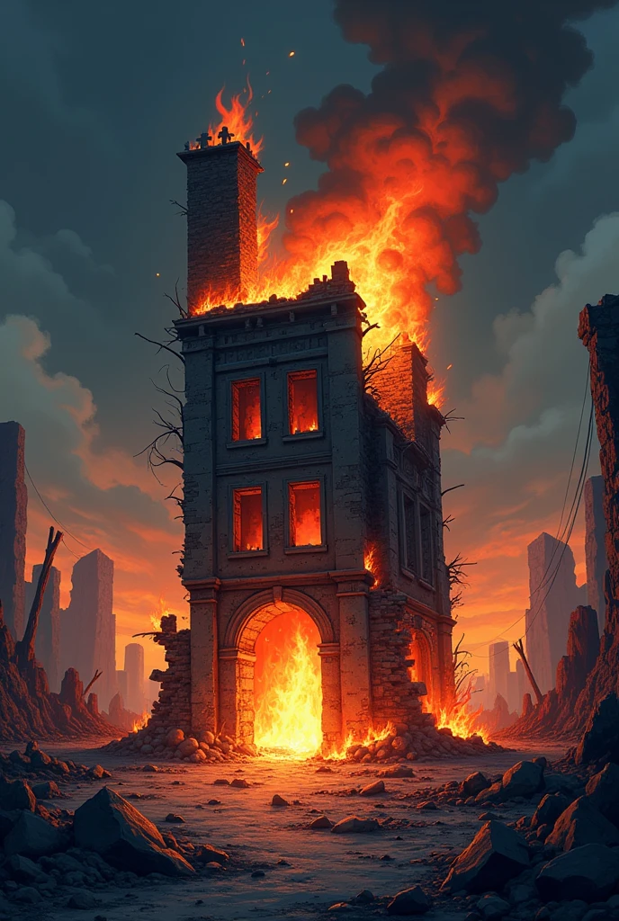 Cartoon Ruin with fire , dark side