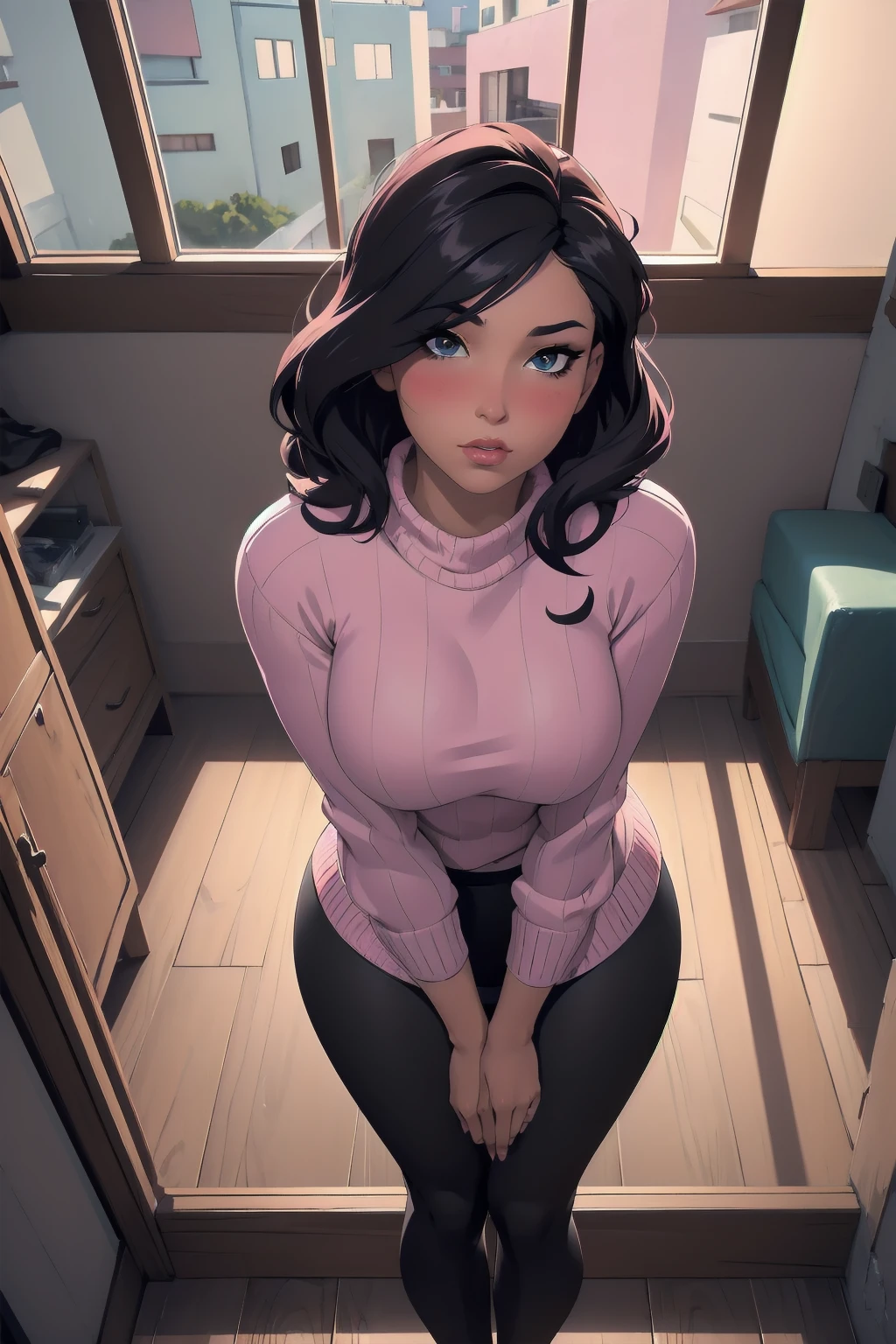 Sexy woman, perfect hair, amazing makeup, seductive gaze, blushing intensely, ready to kiss, long oversized pink sweater, black tights, standing in a room near open door, window, natural light beaming through window, beautiful face, seductively gazing at us, very seductively provocative,  (from behind:0.5), looking over shoulder, looking at viewer short skirt, fat ass, underbutt cheeky, (leaning forwards:1.2), hands on railing, best quality