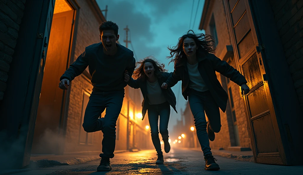 Three friends bursting through the door, escaping into the night.