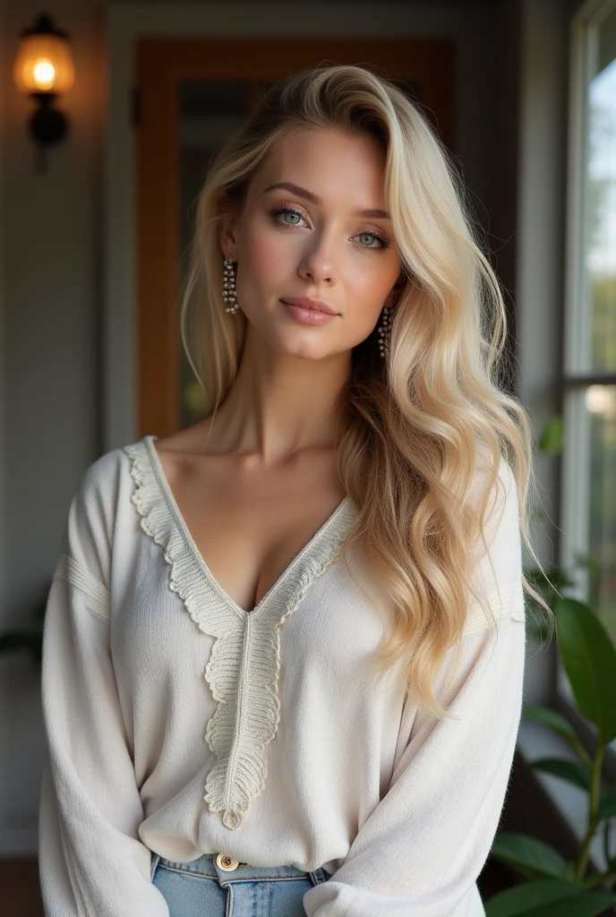 Arafed Une femme aux longs cheveux blonds et aux boucles d'oreilles, 40 ans, Debout devant la maison, belle femme scandinave, photo d&#39;une belle femme, Fille aux cheveux blonds, Portrait d'une fille scandinave, Portrait doux 8K, belle jeune femme, portrait d&#39;un beau modèle, a belle jeune femme, belle jeune femme, jolie jeune femme, portrait 70 mm, Jolie femme 40 ans, avec des rondeurs