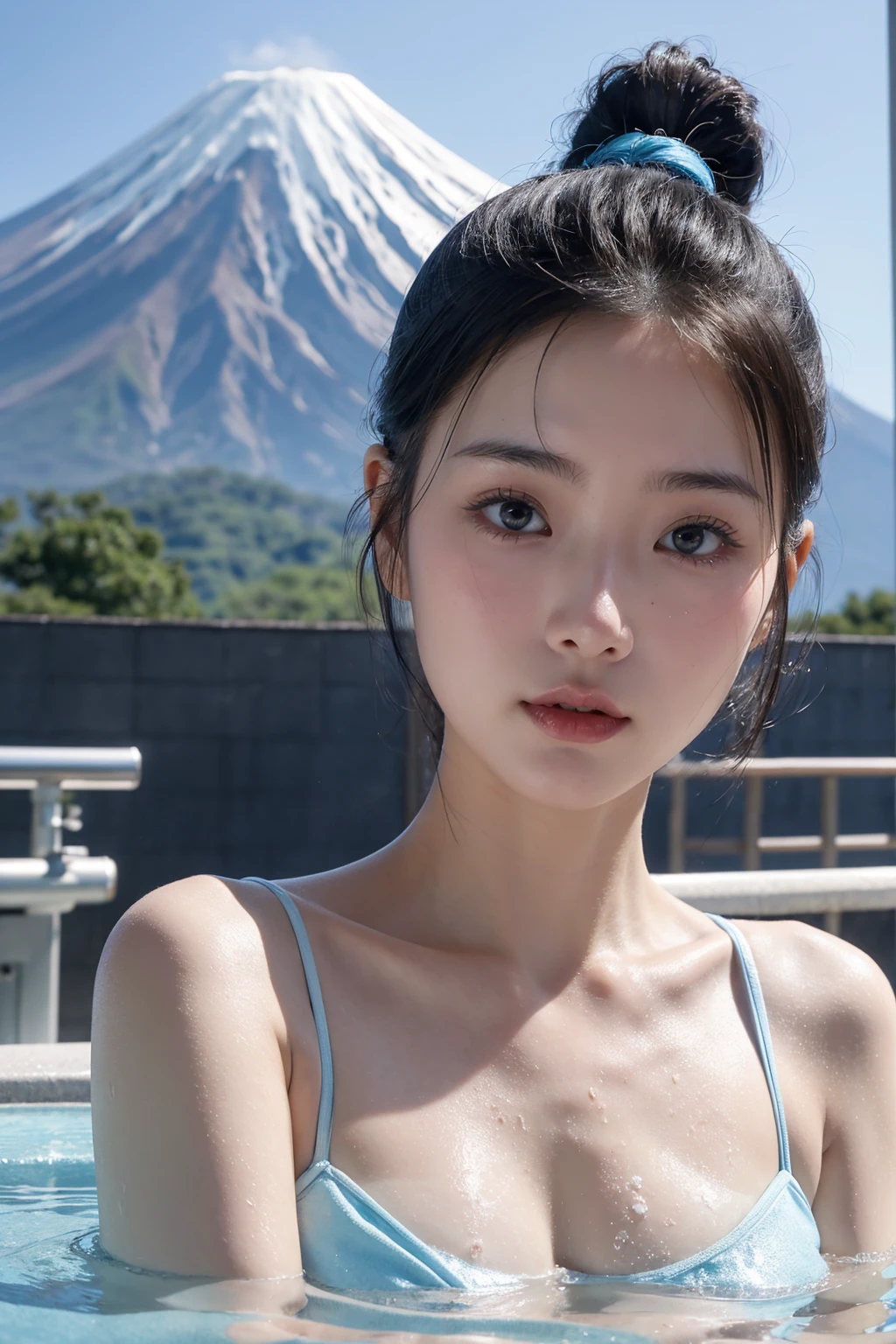 Public bath,mixed bathing,With Mt. Fuji in the background,Baby Face,beauty,halfface,Big Breasts,Focus on the face, ponytail, Light blue hair,
