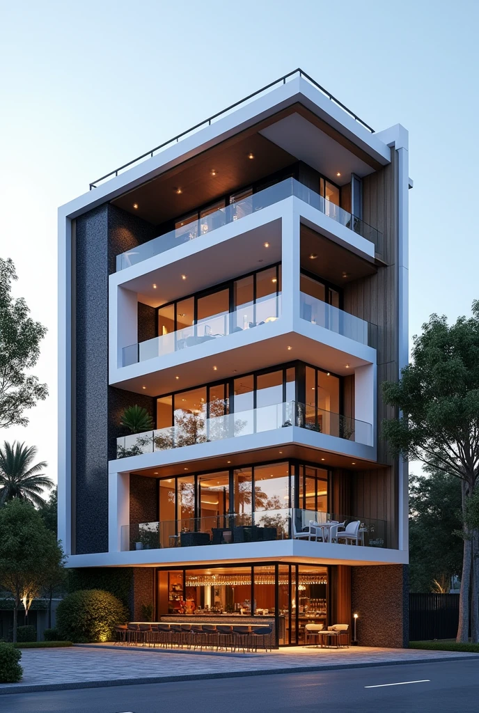 Restuarant facade residential, a view of contemporary 6th floors residential facade with larg window , main material by glossy white wall and black stone and wood, RAW photo, real, best quality, masterpiece:1.2), look morden minimal, shime ring light, light brighteness from indoor:1.2, dynamic lighting: 1.3, (hyper realistic, photo-realistic:1.2), high quality, day lighht, hight contrast :0.5 perfect lighting, archdaily, award winning parametric, masterpiece, well-designed masterpiece, 