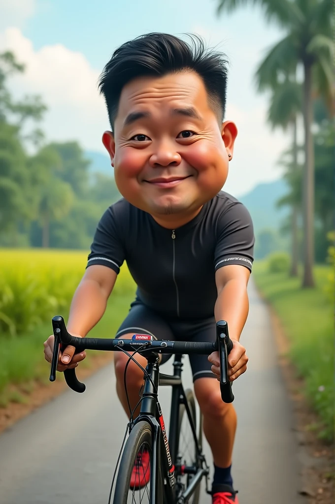 Realistic 4D caricature photo, big head, a middle-aged man with an Indonesian face, 50 years old, chubby,clean face, round face,short neat black hair, wearing a racing bike outfit, wearing a bike helmet, sports sneakers, posing while riding a federal bike while facing forward, with a beautiful rice field road in the background 