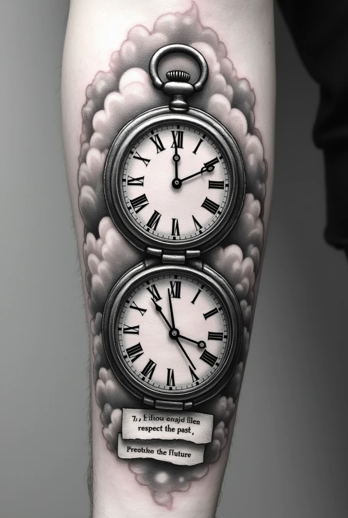Create a template for a tattoo, which should be placed on the forearm of a man. The tattoo should show 2 old clocks on top of each other. The clocks look like old, elegant pocket watches look, which do not have the rotary wheel at the top.. The lower clock overlaps the upper. The clocks have a time difference of 7 hours. Under the upper clock, the sentence “respect the past” is said to be written on a piece of paper. Under the lower clock, the sentence “create the future” is said to be written on a piece of paper. The tattoo is black and white. There are many realistic clouds in the background