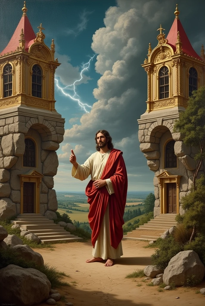 Make a Renaissance painting of the biblical passage in which Jesus speaks of the house built on sand, which would be an allusion to the person who lives his life for material things, and another fortified house on the Rock, who based their life on the Kingdom of God. That Jesus is the rock and nothing can shake him.