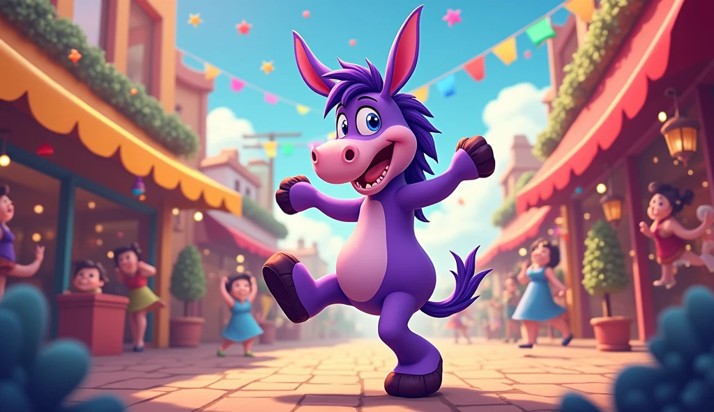 Purple donkey dancing through the day and night. Come and join the Jamboree. With the donkey shout hurray purple fun in every way. Animation cartoon