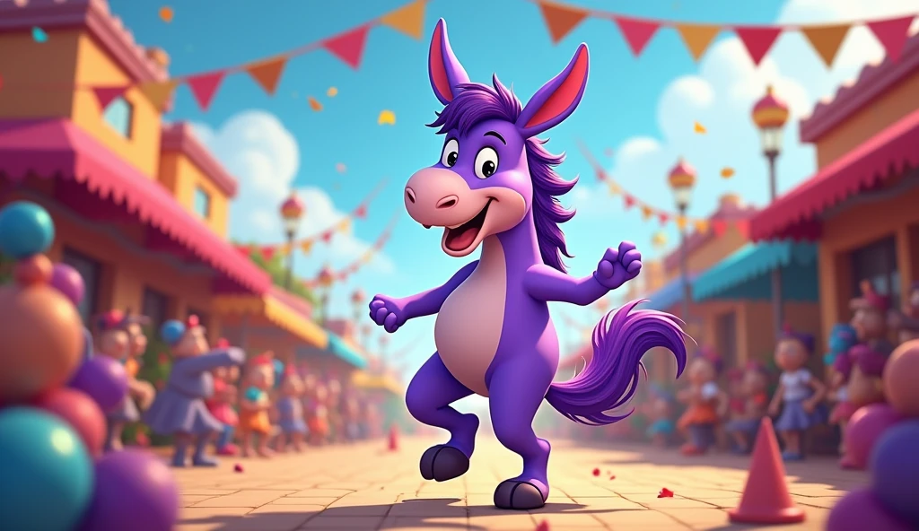 Purple donkey dancing through the day and night. Come and join the Jamboree. With the donkey shout hurray purple fun in every way. Animation cartoon