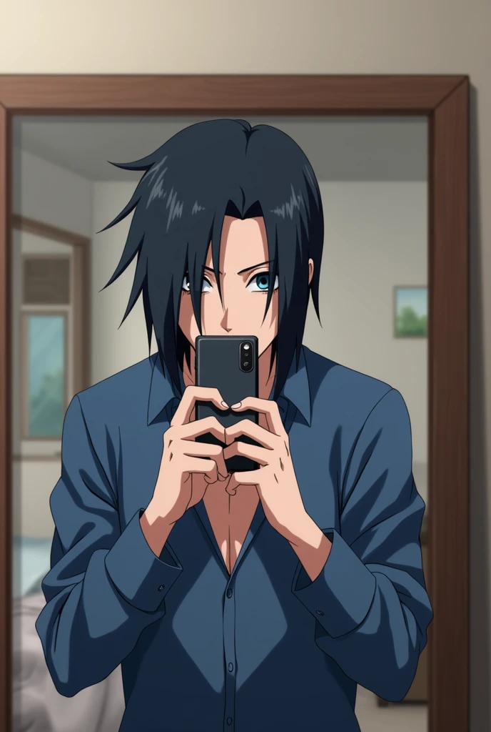Kakashi Hatake  image on mirror. When he standing infront of a mirror upto his knees.he was taking his snap wit joining Handa with mobile.he was covering his mouth with mobile.he was wearing a blue colour  formal  shirt.he is looking to the mobile in his hands in photo .the image in mirror is upto his knees.there was a bed in his back side.without inshirt