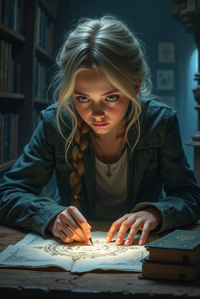 Jeune fille blonde aux yeux bleus qui essaye de résoudre des énigmes 