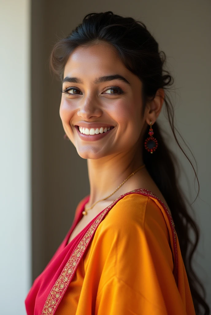 There is a young, Beautiful indian woman, who looks to the future like Katrina Kaif, Smiles into the camera, beautiful teeth, She looks into the camera, a portrait from raw photo, body, conservative modern color dress, ((modern hair style)),