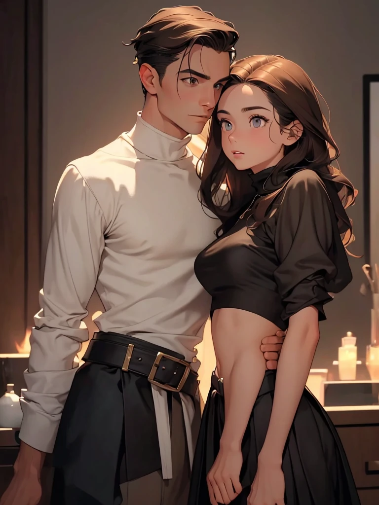 couple, husband and wife, (best quality), 1boy, Male, mature male, 4, miguel o'hara, tanned skin, dark brown hair, short hair, hair slicked back, strands over eye, slightly wavy hair, brown eyes, perfect eyes, muscular, handsome, high cheekbones, strong jawline, masterpiece, anatomically correct, highres and (best quality), 1girl, female, porcelain skin, blonde hair, straight hair, medium hair, swoopy tips, brown eyes, perfect eyes, crop turtleneck top, black skirt, skinny body, petite, small bust, shy, masterpiece, anatomically correct, highres
