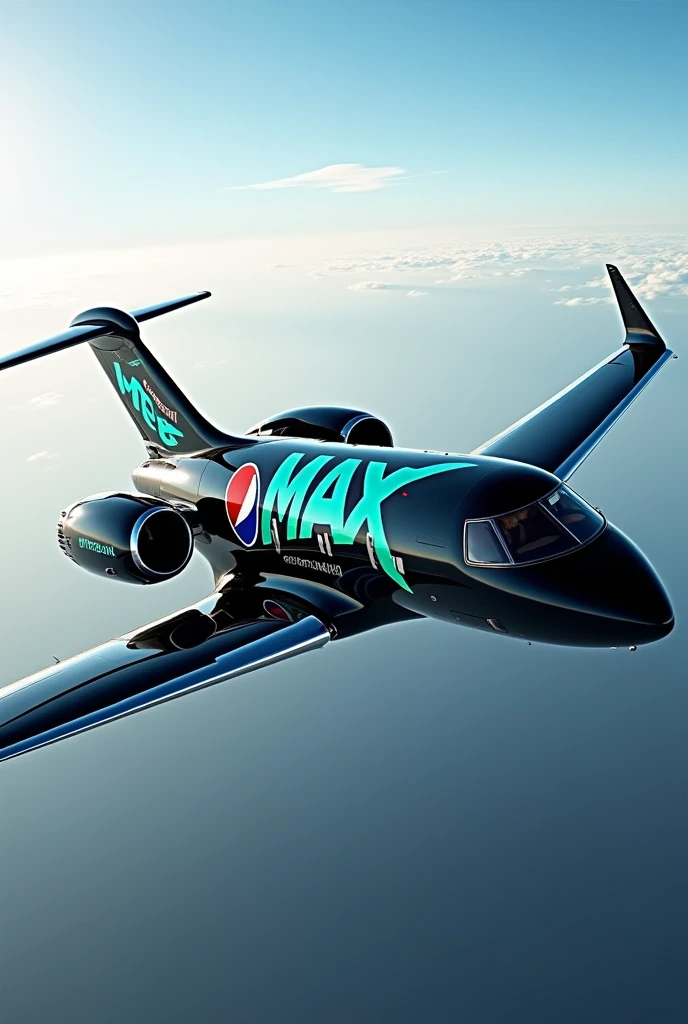 a black private jet painted with Pepsi Max commercial logos and text