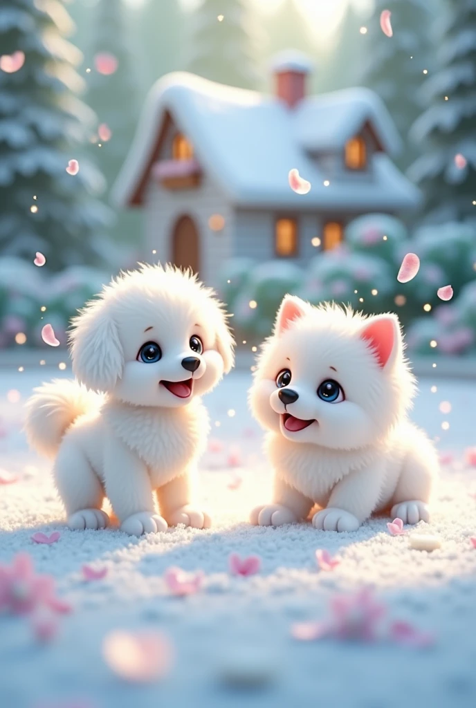 masterpiece, Highest quality, (Very detailed CG Unity 8k 壁紙), (Highest quality), (Best illustrations), (Best Shadow), Cottage in the forest, It's spring,Cherry blossom petals,White toy poodle baby,white pomeranian baby,Chibi Character,Luminous particle effect,Very detailed