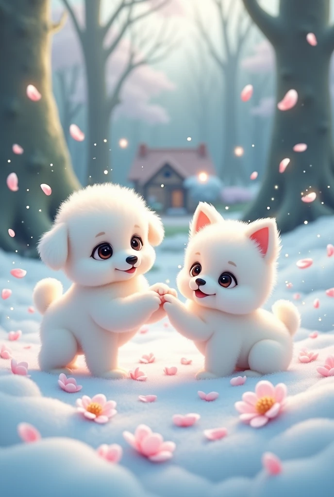 masterpiece, Highest quality, (Very detailed CG Unity 8k 壁紙), (Highest quality), (Best illustrations), (Best Shadow), Cottage in the forest, It's spring,Cherry blossom petals,White toy poodle baby,white pomeranian baby,Chibi Character,Luminous particle effect,Very detailed