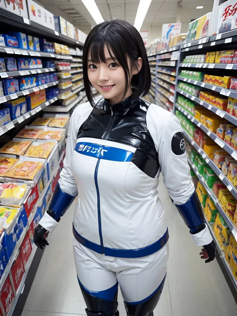 Japanese female android,Black Hair,White and blue robot suit,Plump,Walking through the food section of a department store,smile