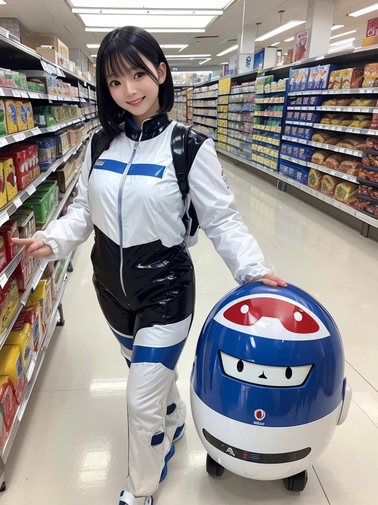 Japanese female android,Black Hair,White and blue robot suit,Plump,Walking through the food section of a department store,smile