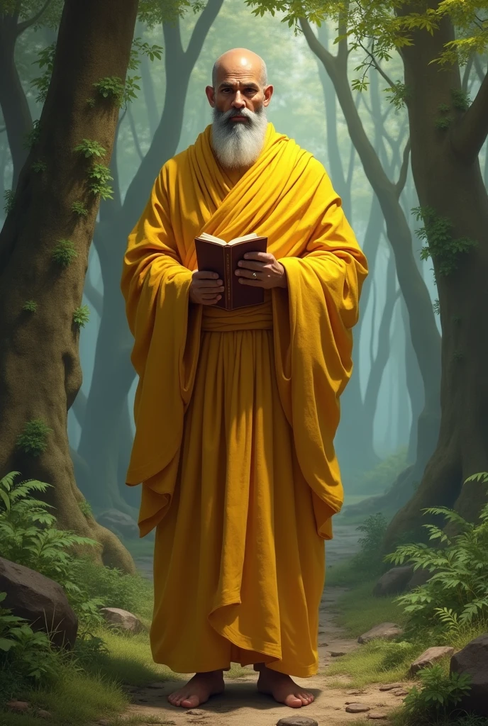 Chanakya a monk yellow cloth in a forest
no beyord no hair inhand a book standing position