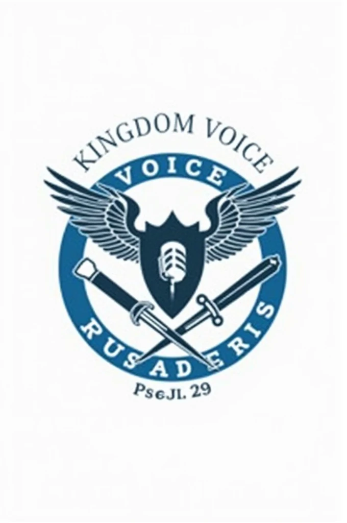 The name of the platform is KINGDOM VOICE CRUSADERS 

Motto:the voice of the Lord is powerful and majestic 
PSALM 29:4

Logo Ideas:
1.  A shield with a microphone
or megaphone, symbolizing
defense and proclamation of
truth.
2. A sword with a pen or pencil,
representing the power of the
written and spoken word.
3. A crown with a voice bubble
or sound waves, signifying the
Kingdom of God and the power
of the voice.
All in a circle with blue and white background or now background with blue lining of the circle. 
But you can suggest how it will appear nicely in your own design.