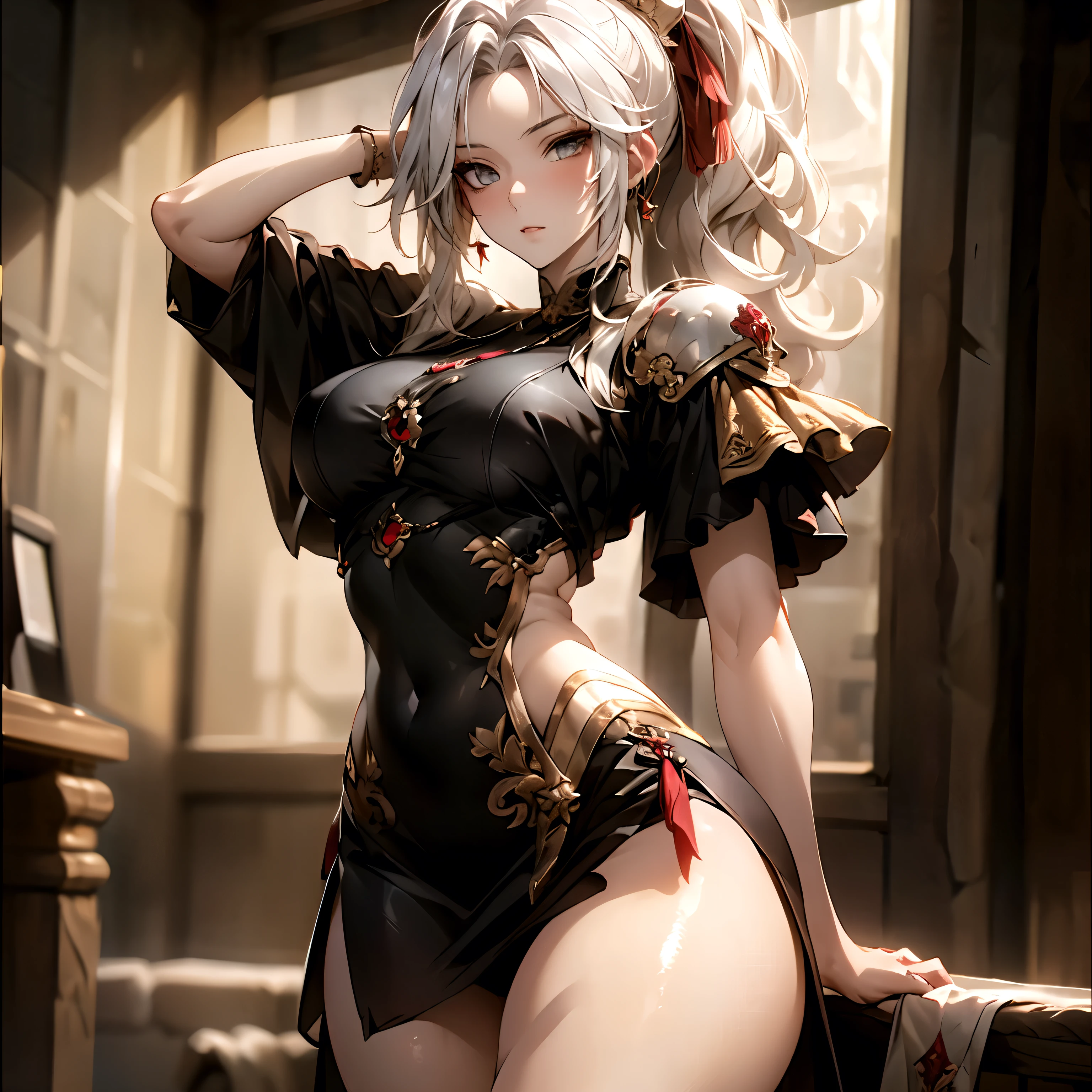 (best quality)), ((Masterpiece)), (details:1.4), 3d, HDR (high dynamic range), an image of a beautiful cyberpunk female, fantasy, medieval, Sleek style, red hair, High ponytail, hips up, Beautiful White eyes, จมูกโด่ง, ปากแดง, หน้าอกใหญ่, nvidia RTX, PBR surface, After processing, Anisotropic filtration,depth of field, Maximum clarity and clarity, multi-layered surface, Subsurface scattering, perfect proportions, 8K raw files, ultra detailed, Perfect proportions, volumetric lighting, soft lighting, Holy Paldin, Heavy Golden Armor, red dress, intricate Silver embroidery, glossy skin, Castle Background, jewely, ต่างหู, mini black skirt, blackglove,