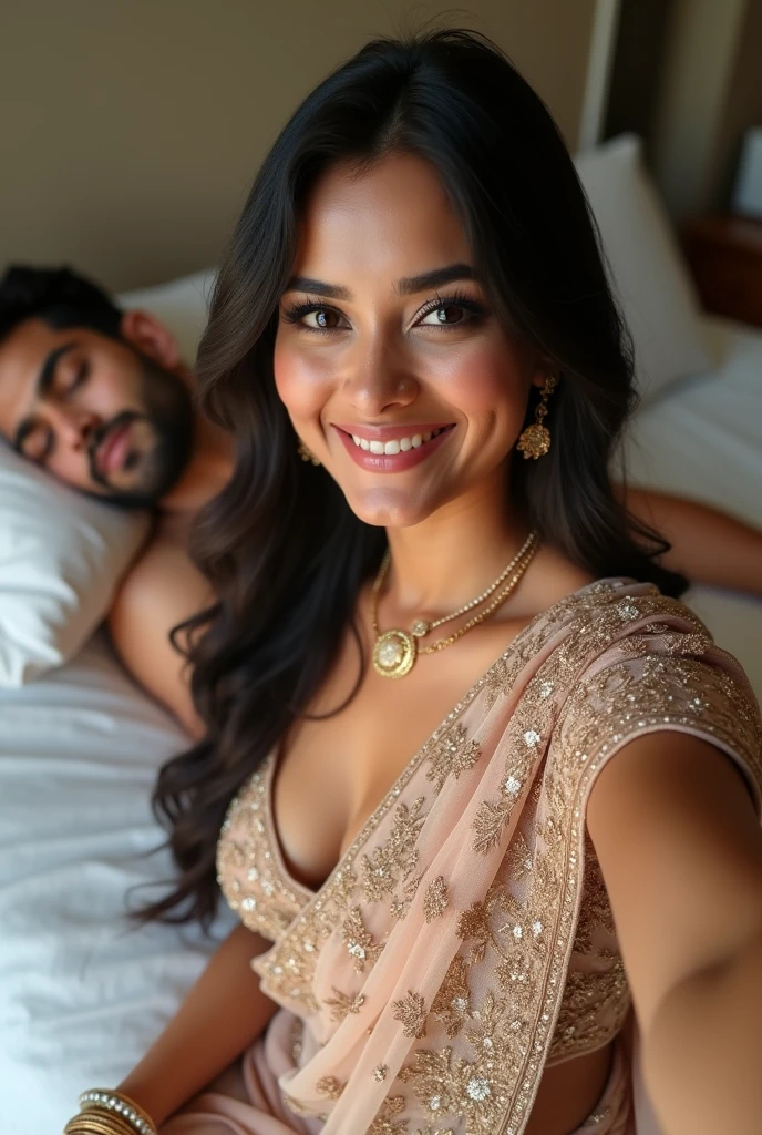 Perfect Indian sexy fittest wife with embroidered soft net saree, embroidered, HDR, 8k, hyper detailed, best quality, ultra-high resolution, HDR, 8k, sitting on the bed and taking selfie , a guy sleeping beside her look at viewer, waist level view, bright smile, casual pose , average body with 36 D size breasts,26 hip size and 36 waist size