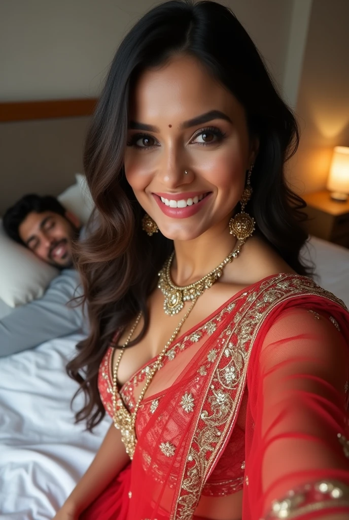 Perfect Indian sexy fittest wife with embroidered soft net saree, embroidered, HDR, 8k, hyper detailed, best quality, ultra-high resolution, HDR, 8k, sitting on the bed and taking selfie , a guy sleeping beside her look at viewer, waist level view, bright smile, casual pose , average body with 36 D size breasts,26 hip size and 36 waist size