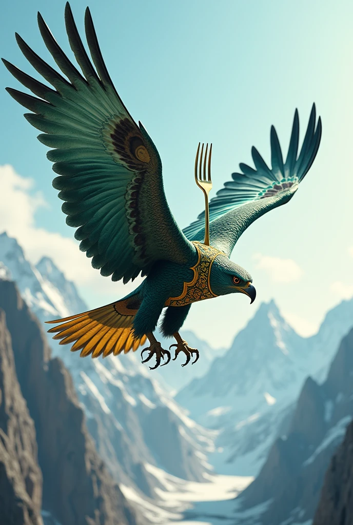 hyperrealism. Flying Great Eagle, fork on top of the back, under the eagle high mountains with a fantastic landscape the air is transparent eagle greenish blue on blue on the eagle&#39;s back a beautiful ethnic ornament of acid yellow color .