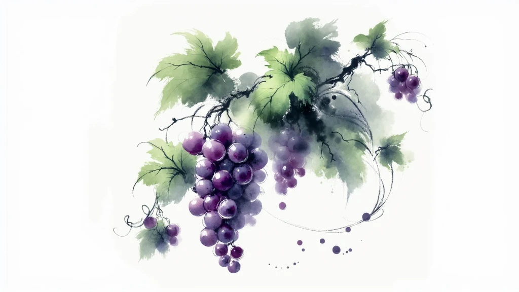 Chinese brush painting,Watercolor bloom ink dye,Purple grapes with vines and green leaves,Water marks,minimalist,Light Ink,splattered brushstrokes。