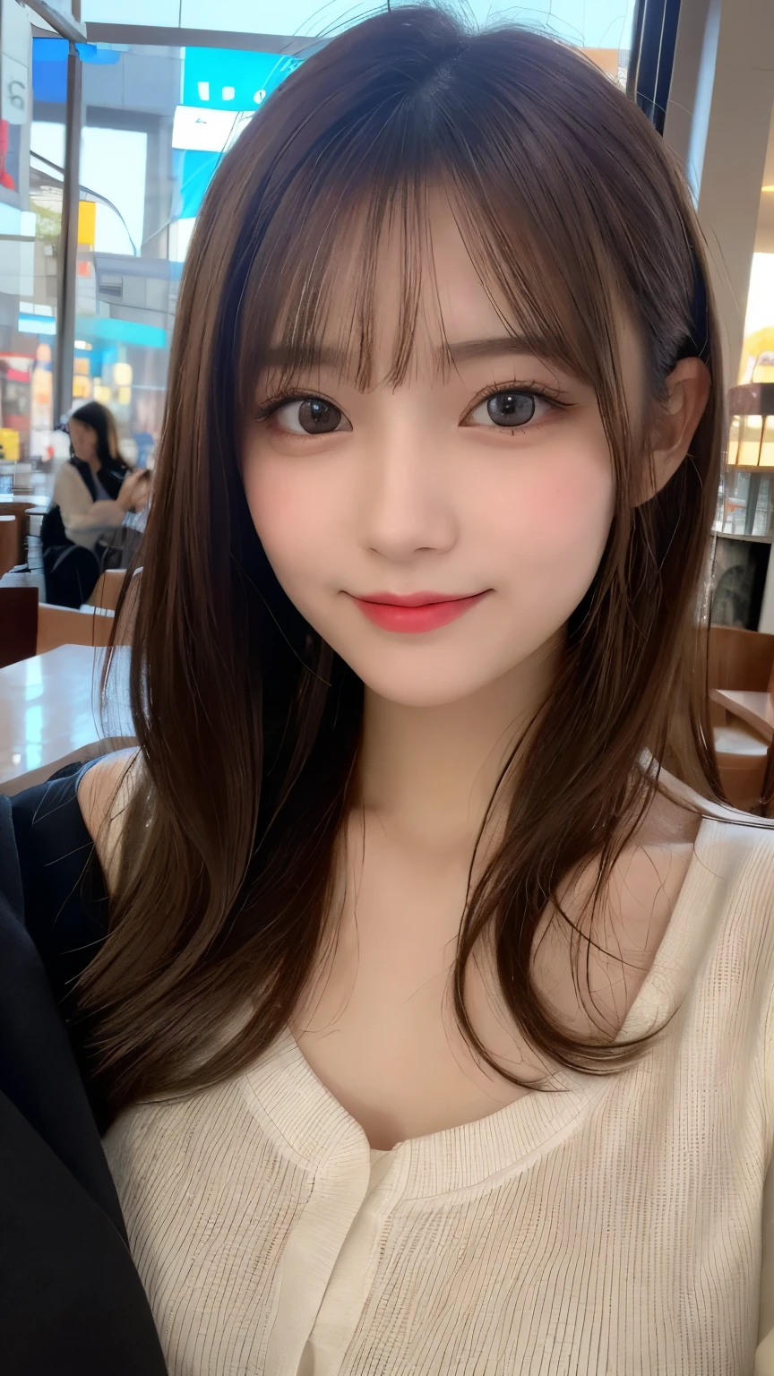 Tabletop, Highest quality, shape, Very detailed, finely, High resolution, 8k wallpaper, 完璧なダイナミックな構shape, Beautiful and detailed,ランダムなcute髪,,Natural color lip, Bold sexy pose,smile、20-year-old girl、cute、Looking into the camera,Always blur the background,Perfect and beautiful face,Slim face and figure,Big eyes、Putting on gal makeup,Small face,Shooting from below、smile,Blurred Background,Elegant feminine face、Cyberpunk Fashion、smile、Cosplayers