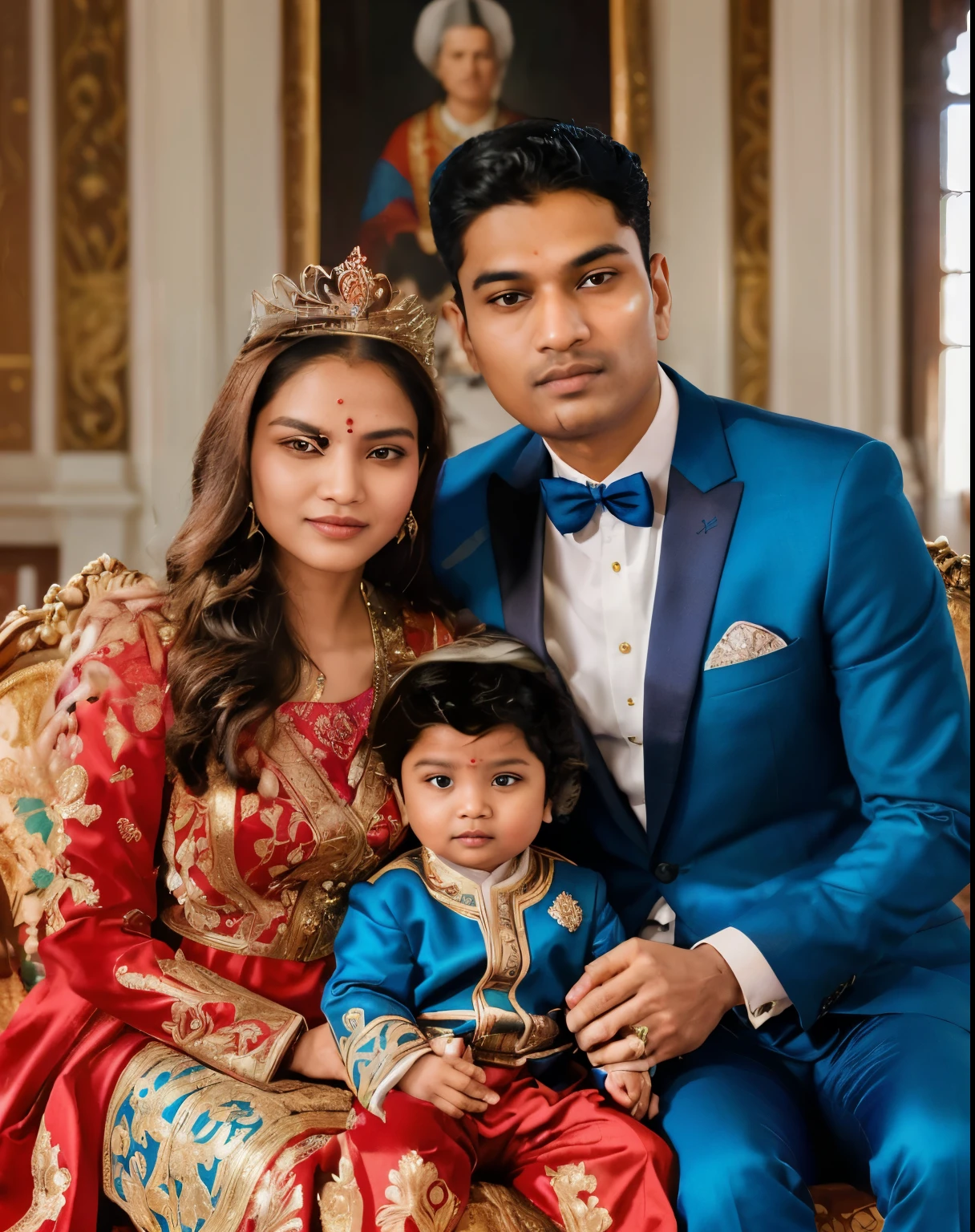 araffes and a woman in a blue suit and a indian man in a red suit and a baby in a red dress, husband wife and son, inspired by Louis Le Nain, royal portrait, an indonesian family portrait, bejewelled and encrusted royalty, complex background, royal wedding, profile picture, family portrait, portrait of family of three, royal attire