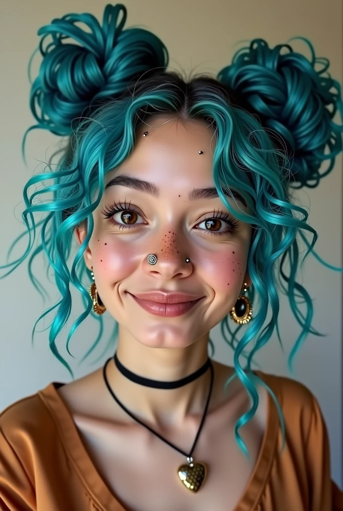 
	•	Hair: Her hair is blue and curly, with two buns positioned on top of her head, leaving the rest of her hair cascading down in loose waves. The vibrant blue color suggests a bold personality, possibly someone who enjoys standing out.
	•	Skin Tone: Her skin appears to be light with a warm undertone, and she has a natural, youthful complexion.
	•	Eyes: She has large, expressive eyes with thick, dark eyebrows that frame her face. The eyes are prominent, with a bright and lively appearance, indicating alertness and curiosity.
	•	Freckles: A scattering of freckles covers her cheeks and nose, giving her a playful and youthful appearance.
	•	Nose: She has a small, slightly upturned nose.
	•	Mouth: Her lips are full and slightly parted, with her tongue playfully sticking out, which adds to her quirky and fun-loving demeanor. She has a septum piercing, a ring in the center of her nose.

Accessories:

	•	Jewelry: She wears a choker necklace with a pendant shaped like a heart. The choker adds a touch of edginess to her look.
	•	Piercings: Besides the septum piercing, she also has small hoop earrings in her ears.

Clothing:

	•	Top: She is wearing a loose, casual top that seems comfortable, fitting her relaxed and laid-back style. The color of the top is earthy, possibly a light brown or beige, complementing her vibrant hair and accessories.

Overall Vibe:

	•	Personality: The overall appearance suggests that she is confident, creative, and not afraid to express herself through her style. The playful expression, vibrant hair color, and choice of accessories hint at someone with a fun and energetic personality who enjoys being unique.