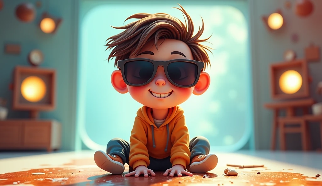 Young sticky boy cartoon sit studio with digital lighting and wear sunglasses