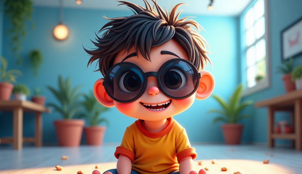 Young sticky boy cartoon sit studio with digital lighting and wear sunglasses 