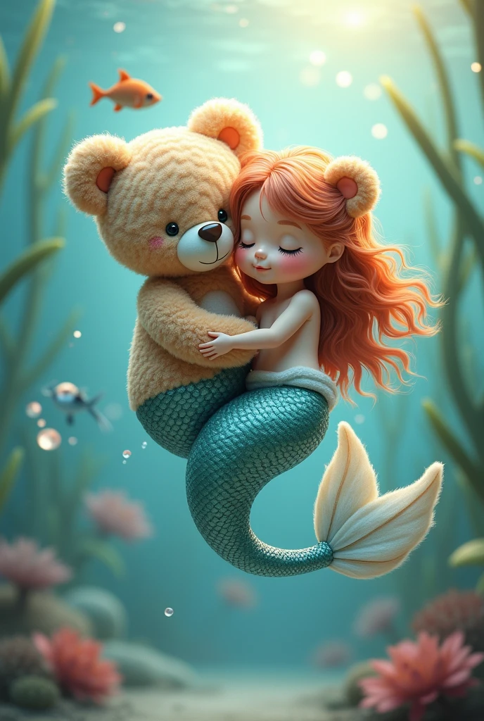 A cute teddy hugging a mermaid