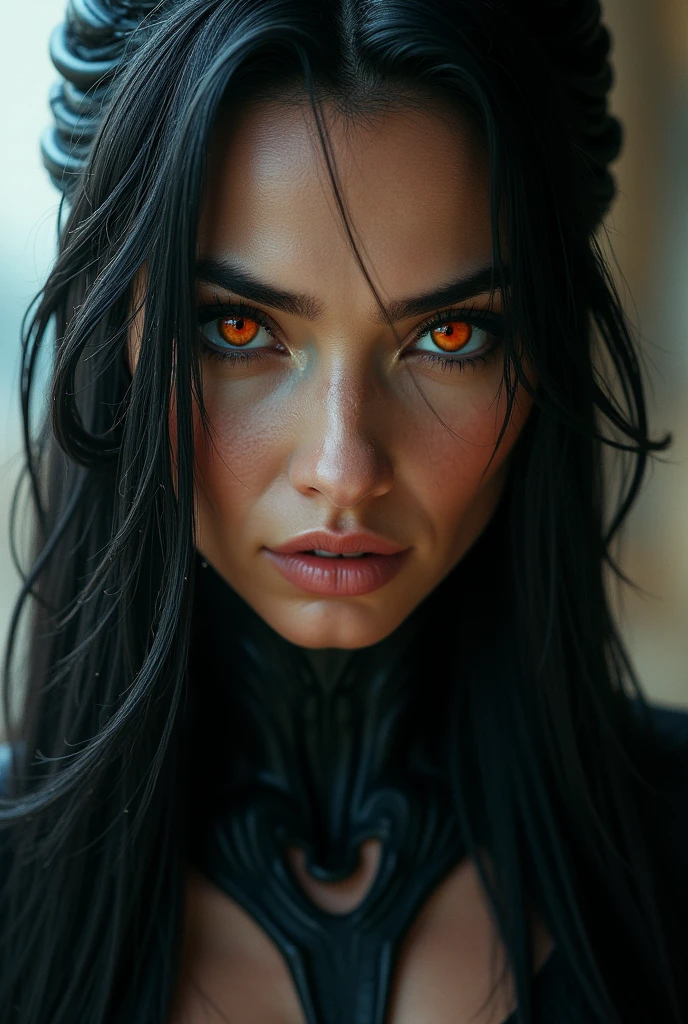1 alien female, The Marauder, (extremely pretty:1.2), (intense gaze:1.4), (Marauder:1.1), long dark claws, (NSFW:0.8), niplles, thick eyebrows, (She has bright orange eyes:1.2), the most beautiful face in the universe, Jet black hair, beautiful symmetrical eyes, hyper detailed eyes,
A woman Marauder with an extremely pretty face, his intense gaze fixed on his prey, a primordial force that could not be denied.
(beautiful slim body:1.5), (muscle building:1.2), (hanging around:1.3), (elegant movements:1.4)
Your beautiful body, muscular and toned, moved with elegant grace as he prowled, ready to attack at any time. The Marauder within her was always on,
Cinematic character design, ultra high quality model, cinematic quality, detail, (details Intricate:1.2), high resolution, High definition, drawing faithfully, offcial art, 8k Unit Wall , 8K Portrait, best qualityer, Very high resolution, ultra detailed artistic photography,