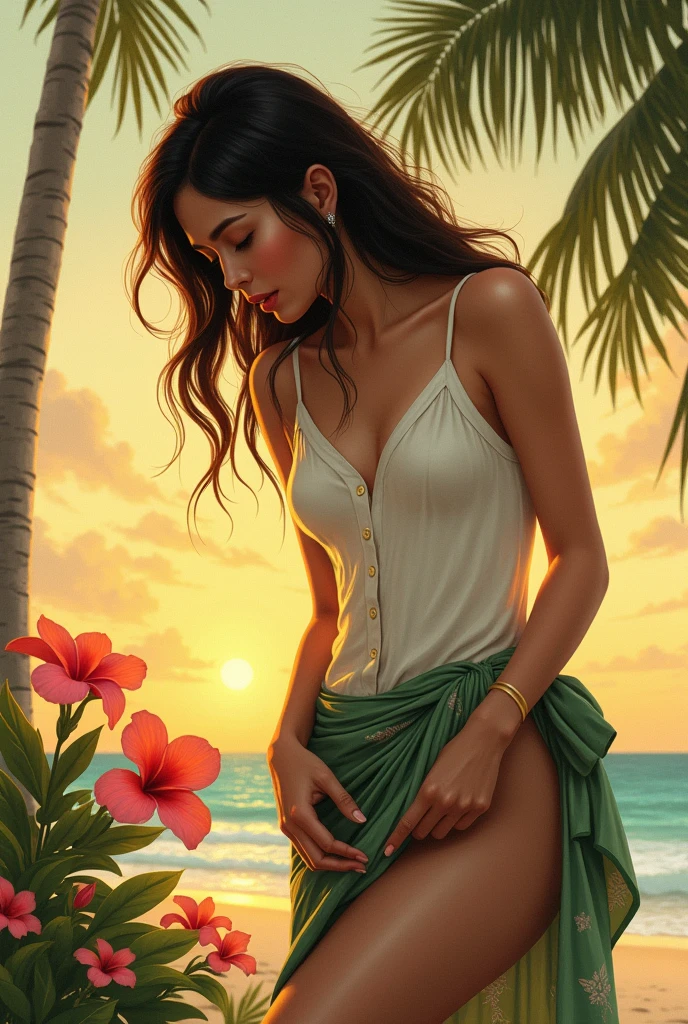 Art Nouveau decorative poster in style of Alphonse Mucha, Naïve minimalism oil painting impressionism with Bali theme, Indonesian descent indigenous Balinese woman oval-shaped face almond-shaped eyes rounded nose high cheekbones messy long hair Indonesian descent dark brown skin voluptuous curvaceous toned abs, wearing white linen button down sleeveless brassiere top plunging neckline with top buttons unbuttoned, waist down wrapped in batik sarong with green waistband knotted at hip. She is (((bent over 90 degrees at waist))) her hands reaching her foot, tying up her shoe. side view looking at viewer. Foreground frangipani flowers. Background serene Bali beach at daybreak twilight Rembrandt lighting.